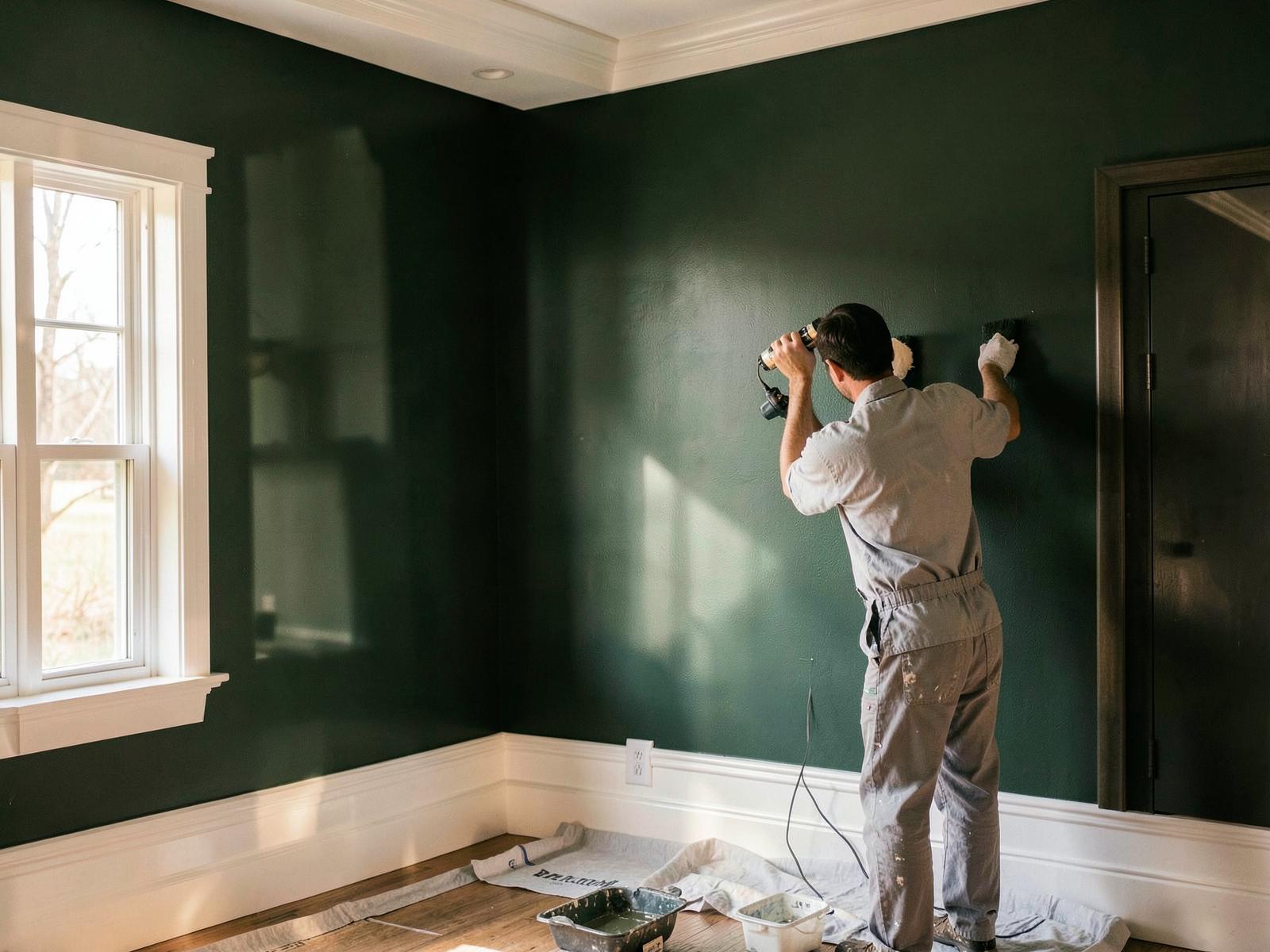 Craftsperson finishing a deep green interior wall